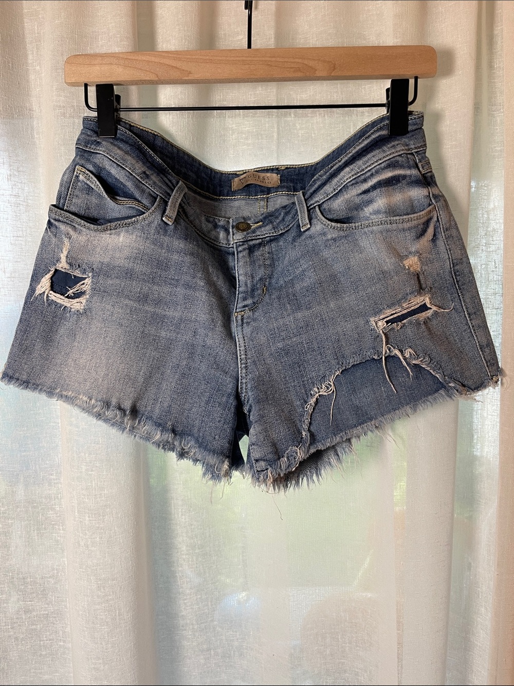 Guess Distressed Floral Embroidered Light Blue Denim Jean Shorts